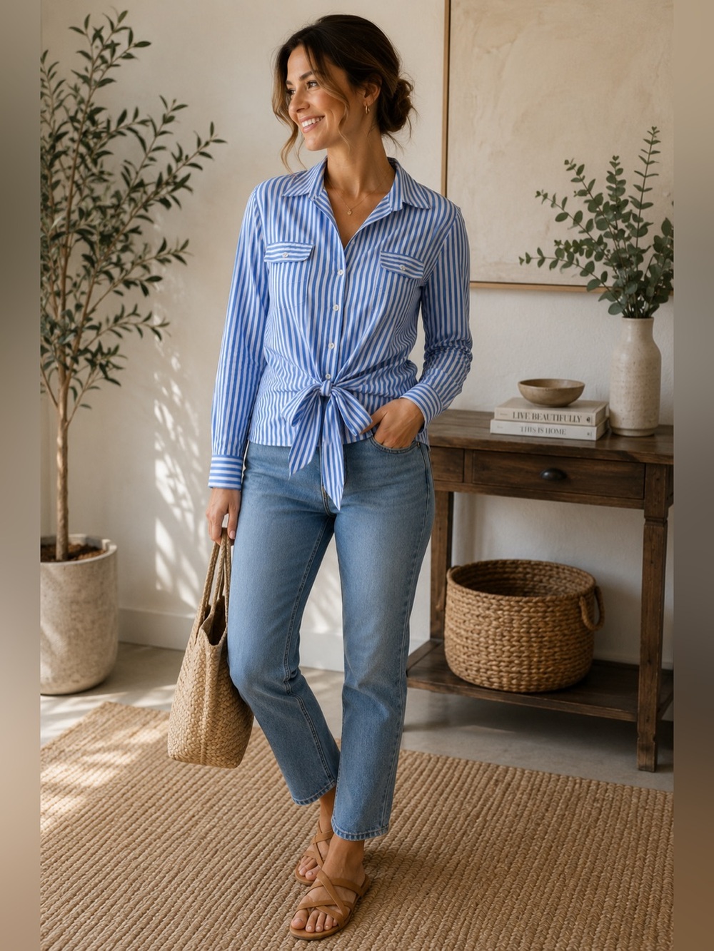 Carlisle Blue and White Striped Tie-Front Button Down Shirt